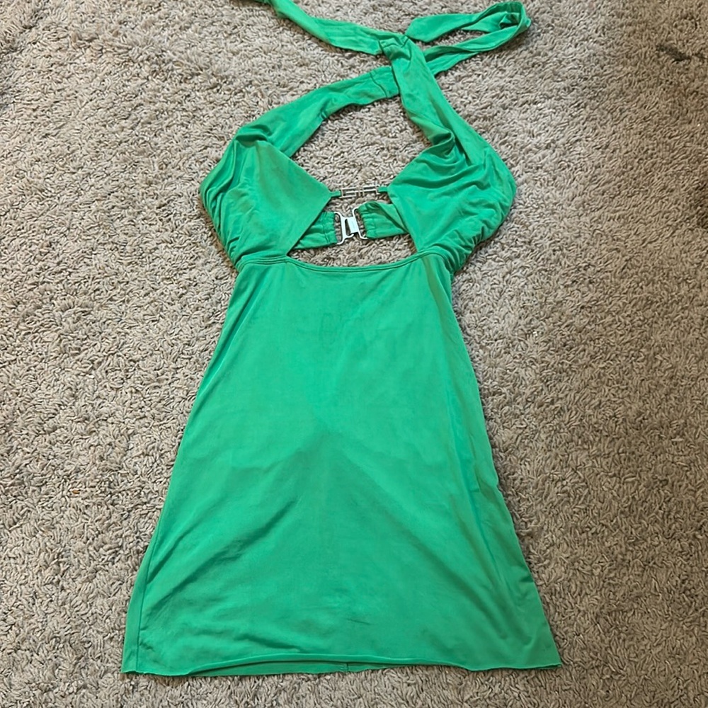 Green w metal, halter top mini dress